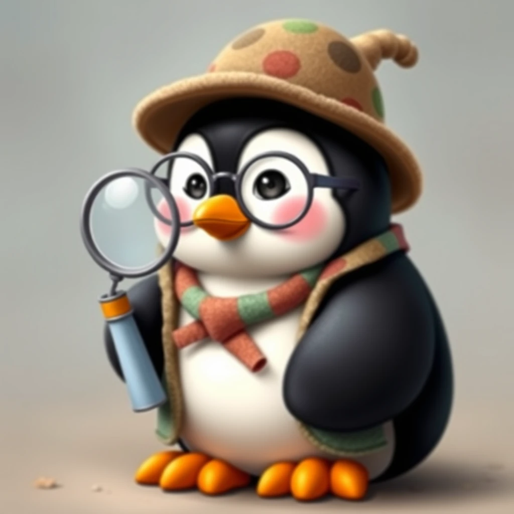 /imagine a friendly chubby little penguin with glasses, curious, wearing colorful clothes, a magnifying glass, and a detective hat.