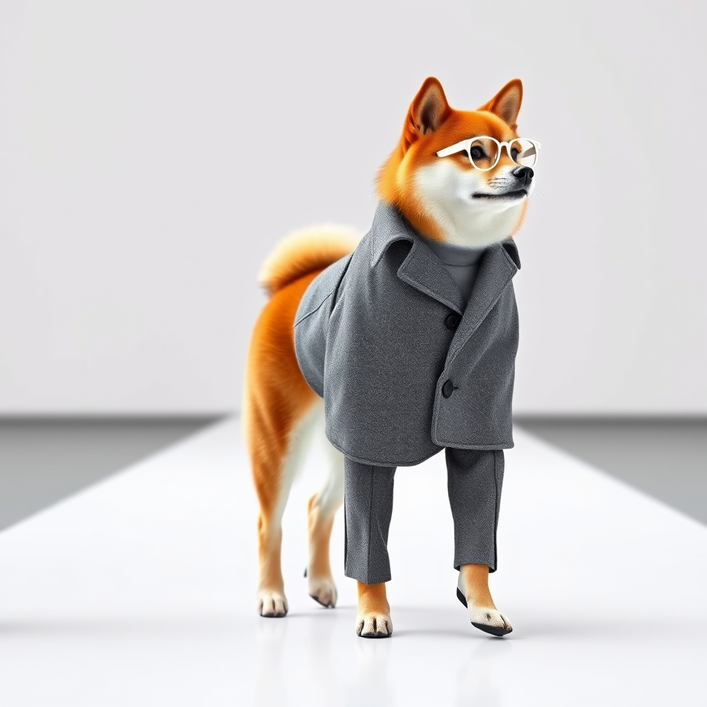 A Shiba Inu stands upright like a person, dressed in a gray high-end wool coat that is lightweight, paired with the same tailored pants, creating a slender appearance. It wears white-framed glasses and walks on a white runway, with a backdrop of high-grade gray. The entire scene has a gray-white color tone, low saturation, realism, and is a masterpiece work in high definition.