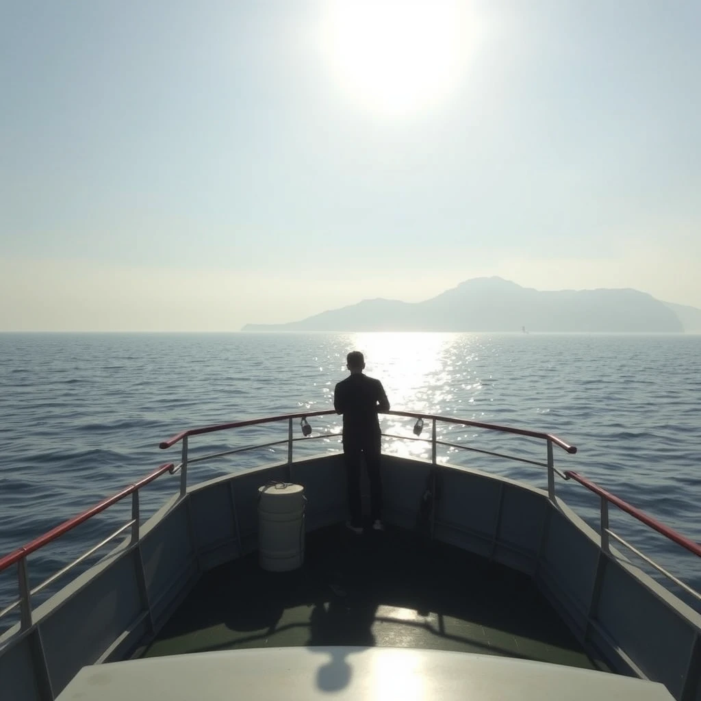 GTA 5 style, - I stand at the bow of the ship, the first rays of sunlight piercing through the thin mist, casting a shimmering glow on the rippling sea surface. The outline of the pier gradually blurs in the morning light, while the silhouette of Cheung Chau Island looms faintly in the distance, like an untouched sanctuary. Cheung Chau Island Hong Kong, high-definition.