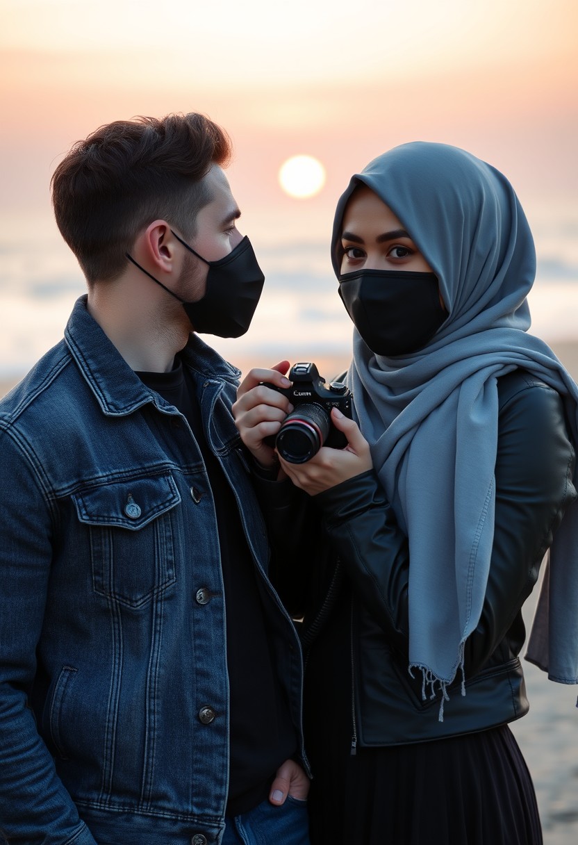 Jamie Dornan's head and body shot, handsome, black face mask, denim jacket, jeans, dating, love couple, with the biggest grey hijab Muslim girl, black face mask, beautiful eyes, black leather jacket, biggest skirt, taking photo at the beach, DSLR Canon camera, sunrise, hyper realistic, street photography.