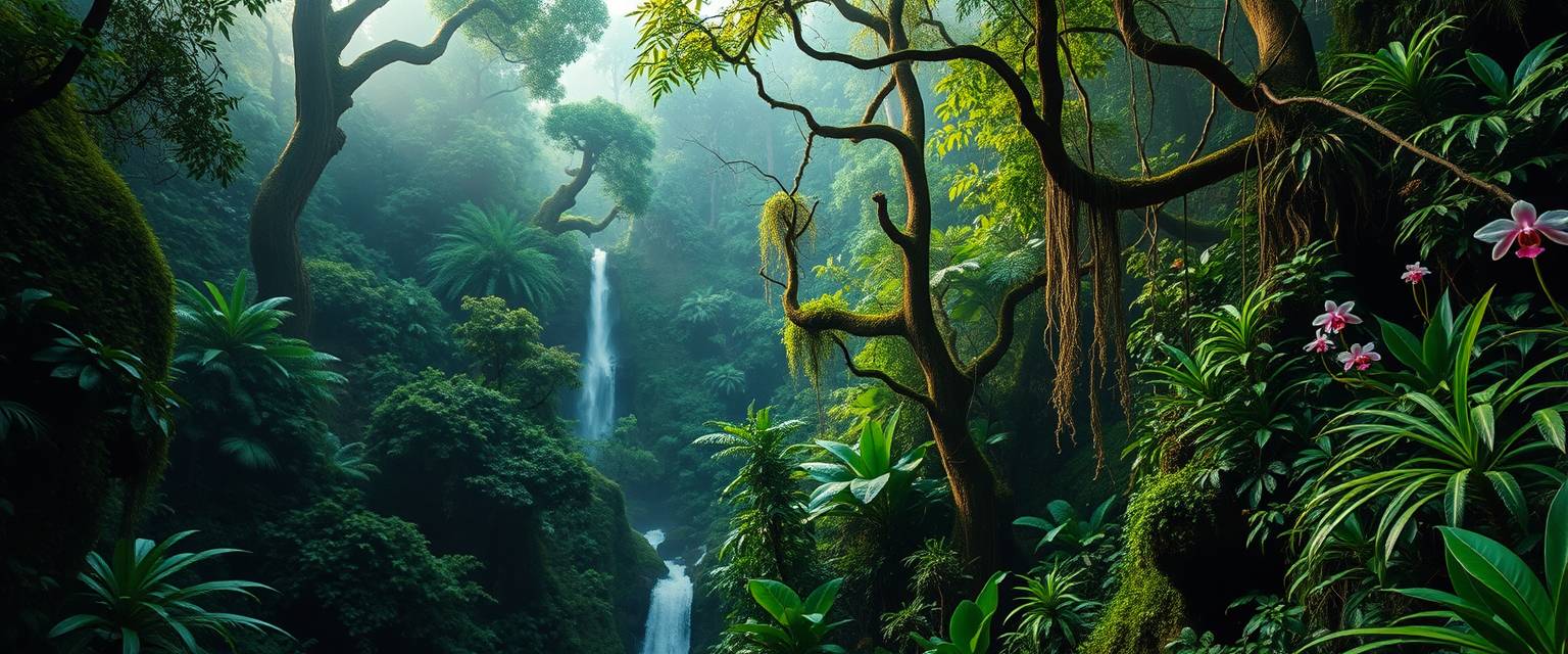 Lush, tropical rainforest, dense foliage, high quality, photorealistic, vibrant, breathtaking, waterfalls, misty, emerald green, ancient trees, hidden trails, tree frogs, vibrant orchids, hanging vines, moss-covered rocks, canopies, wildlife sanctuaries.