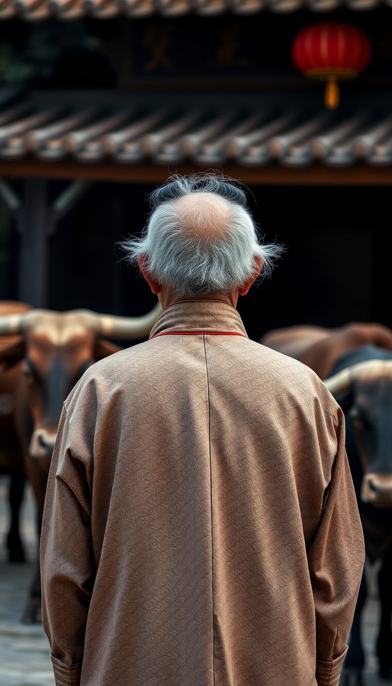 An elderly man wearing traditional Chinese clothing, facing a Chinese ox in a serene, historical setting. - Image