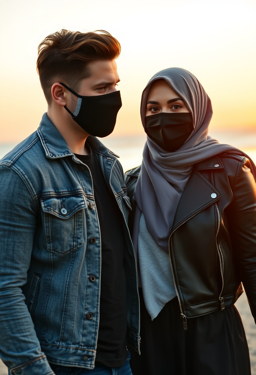 Jamie Dornan's head and body shot, handsome, black face mask, denim jacket, jeans, dating, love couple, with the biggest grey hijab Muslim girl, black face mask, beautiful eyes, black leather jacket, biggest skirt, walking happy at the beach, sunset, hyper-realistic, street photography. - Image