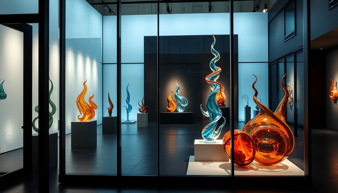 A modern art gallery with glass walls, showcasing contemporary glass sculptures.