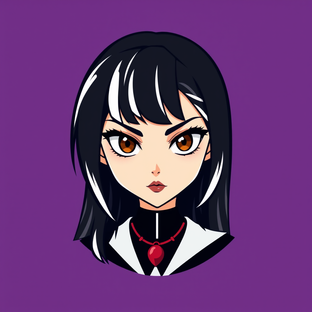 A basic simple vector logo of a beautiful female character with hazel brown eyes, long, dark black hair with white front strands, wearing a black and white outfit with a red pendant necklace, and serious face with red lipstick, on a purple background. - Image