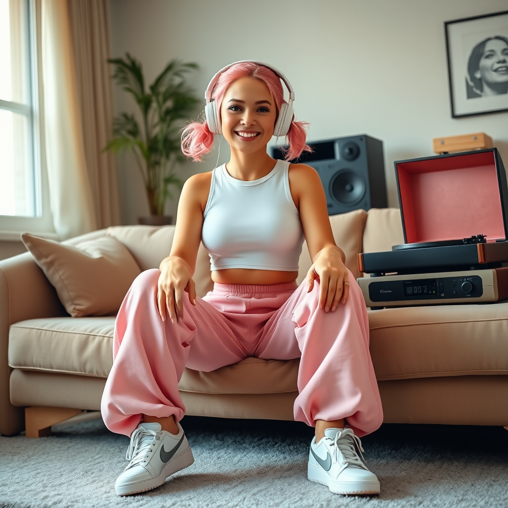 A happy, adult female influencer with a full figure, pink hair, pigtails, two arms and two legs, two feet, two hands, wearing retro headphones, a white sleeveless crop top, oversized baggy pink tracksuit pants, and sneakers, sitting on a couch in a living room listening to music being played on an old style record player. Photo realistic, highly detailed, wide angle lens. Looking at the camera. - Image