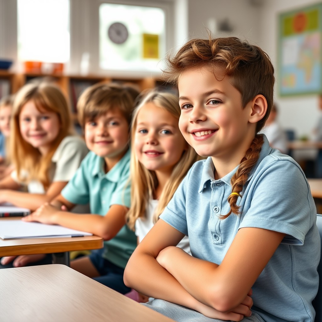 "Create a photo: 10-year-old children in a 5th grade sit on their first day of school after the summer holidays in a German classroom and are excited about what awaits them."