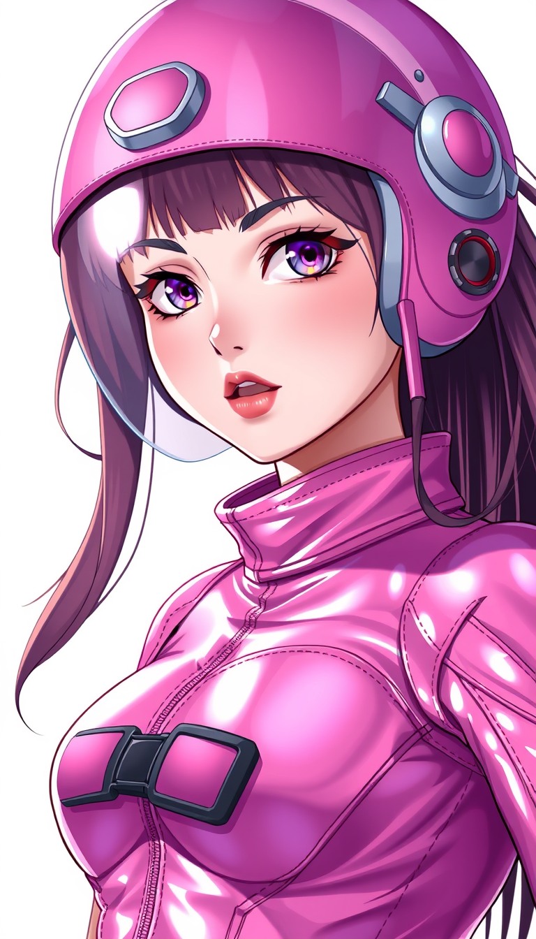 Ultra-detailed character portrait, no helmet, beautiful pink space bodysuit, female, anime style, super glamorous space female pirate, pink clothes made of shiny vinyl, pink space bodysuit. The background is a simple white color, cute feel like a villain.