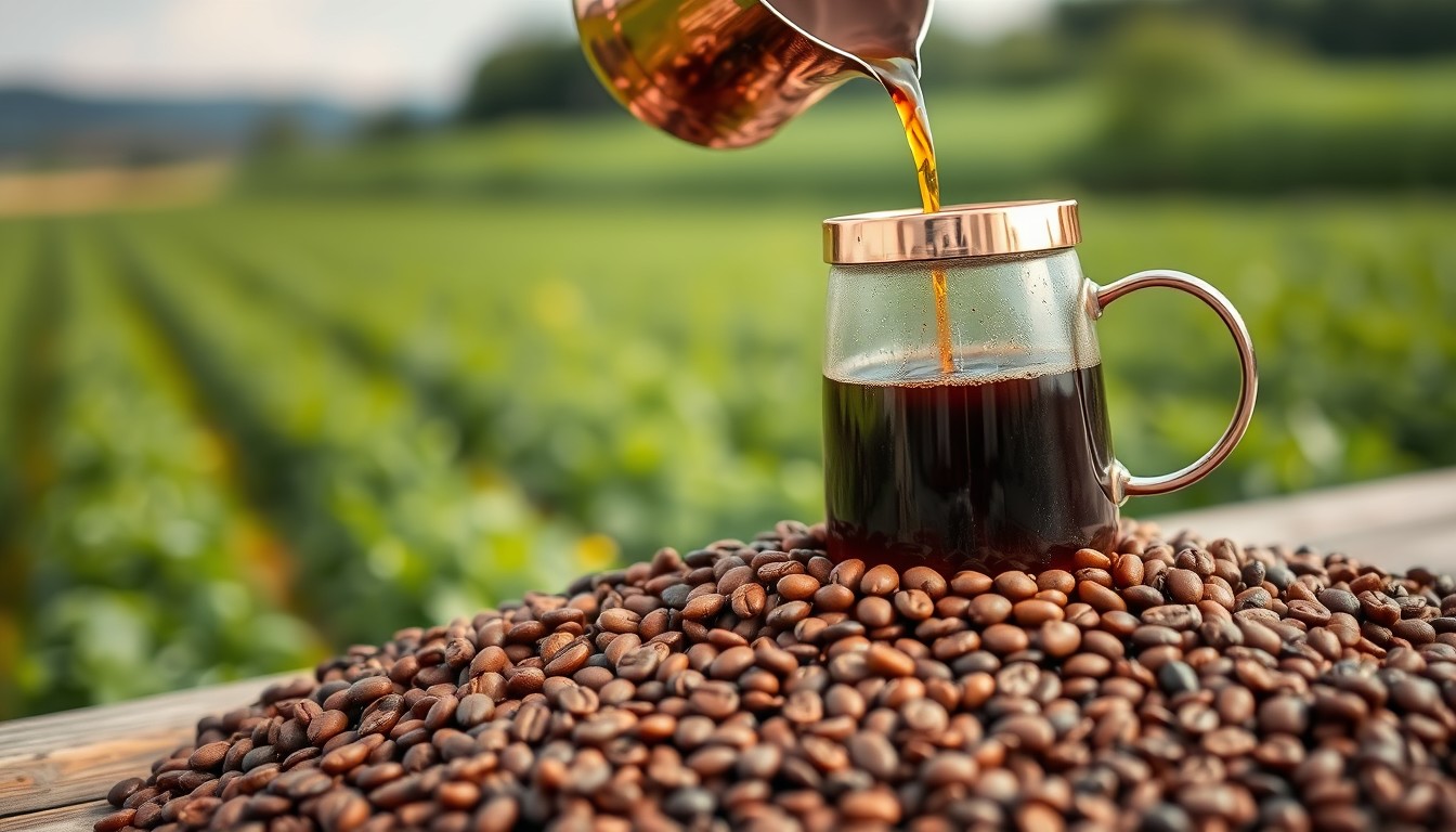 Copper pour-over coffee setup with beans, green field background.