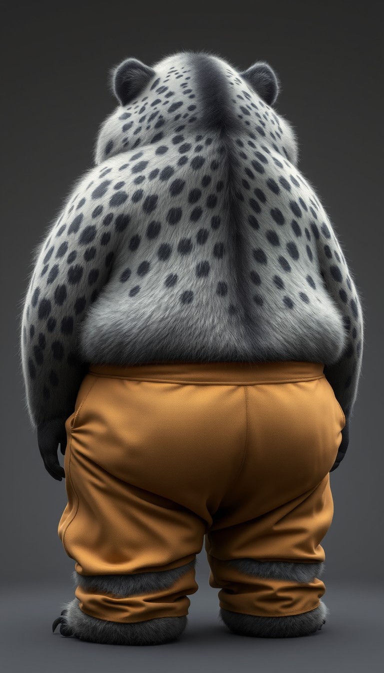 Quarter view, anthropomorphic obese gray bear-leopard hybrid, blended features. Gray and black fur with tan and white fur markings. He has a heavyset body. Wide fat bottom. Fat wide double chins. Tan obese big fat baggy cargo pants. Obese double belly tucked into pants overflowing. Full body. Uncropped. Fluffy fur. Digital art, semi-realistic. - Image