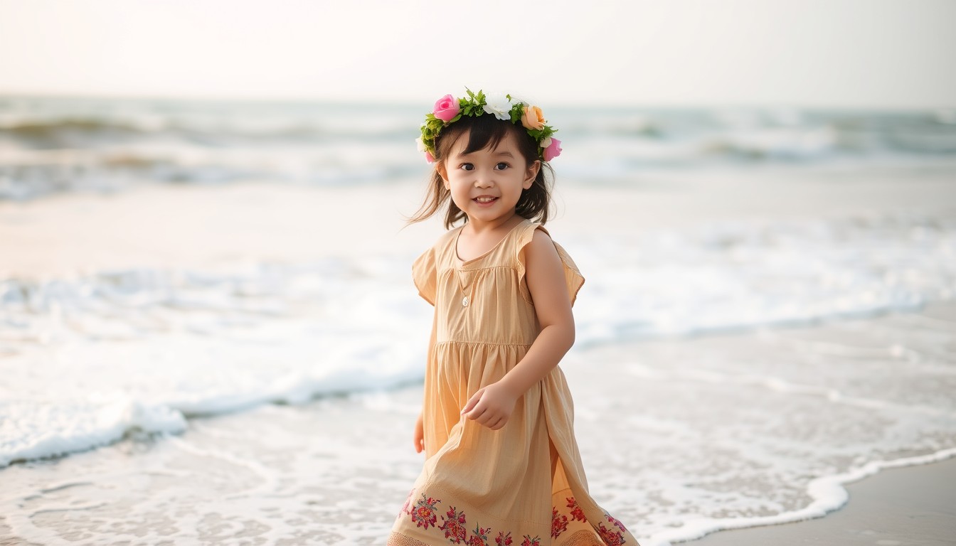 A playful and cute Asian girl, wearing a flower wreath on her head and a Bohemian-style long dress, is strolling along the seaside. The waves are gently lapping at her feet, and her eyes are filled with curiosity. - Image