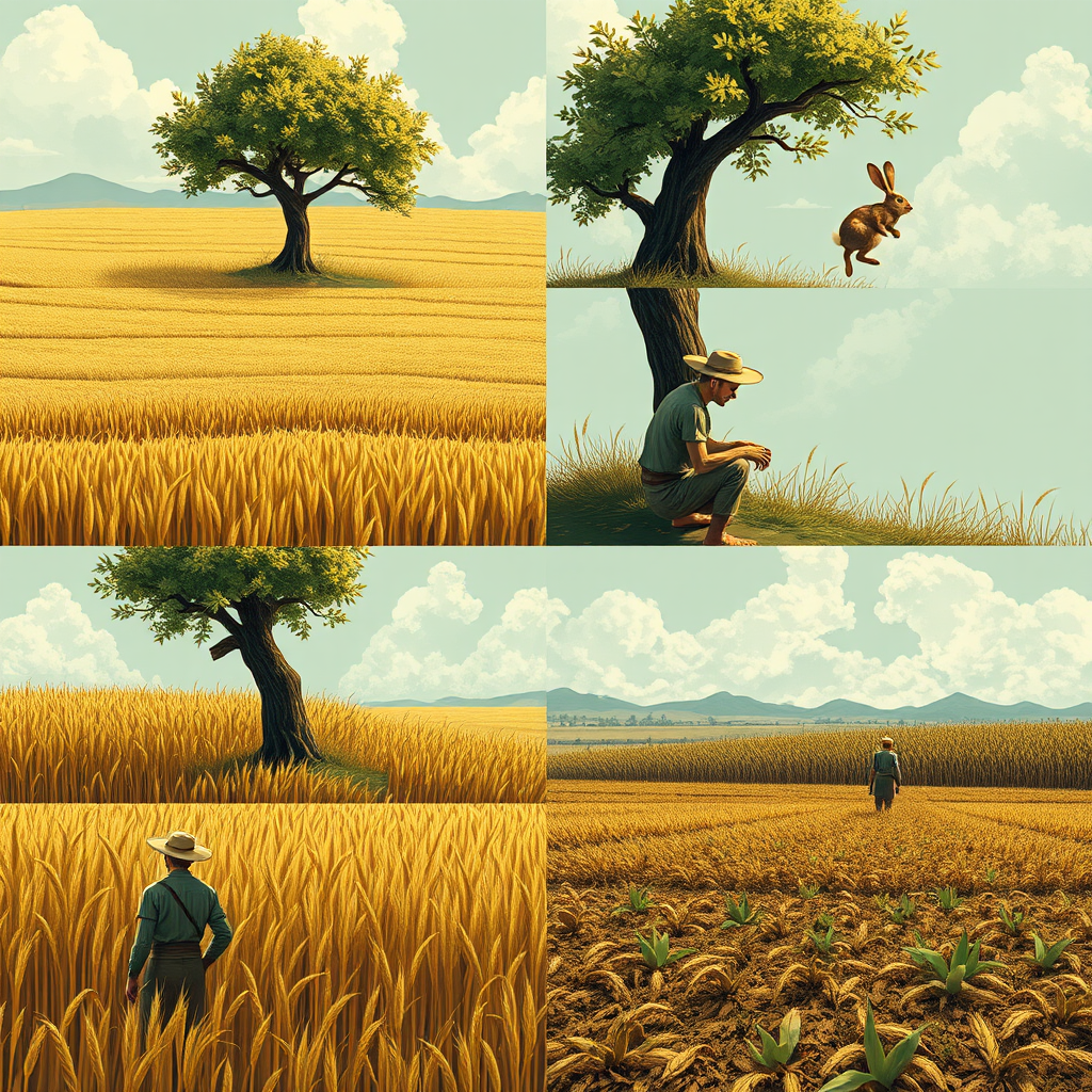 The image style is "cyberpunk," featuring an ancient farmer in a 3x3 grid. 
In the first panel, the farmer is harvesting wheat, with a vast wheat field in the background. 
In the second panel, the farmer is sitting under a tree, resting, while a rabbit is rushing toward the tree. 
In the third panel, the farmer catches the rabbit. 
In the fourth panel, the farmer is carrying the rabbit home. 
In the fifth panel, the farmer sits under the tree. 
In the sixth panel, the farmer sighs while sitting under the tree. 
In the seventh panel, the farmer stares blankly at the sky. 
In the eighth panel, the crops have withered. 
In the ninth panel, the farmer is planting seeds in the field. - Image