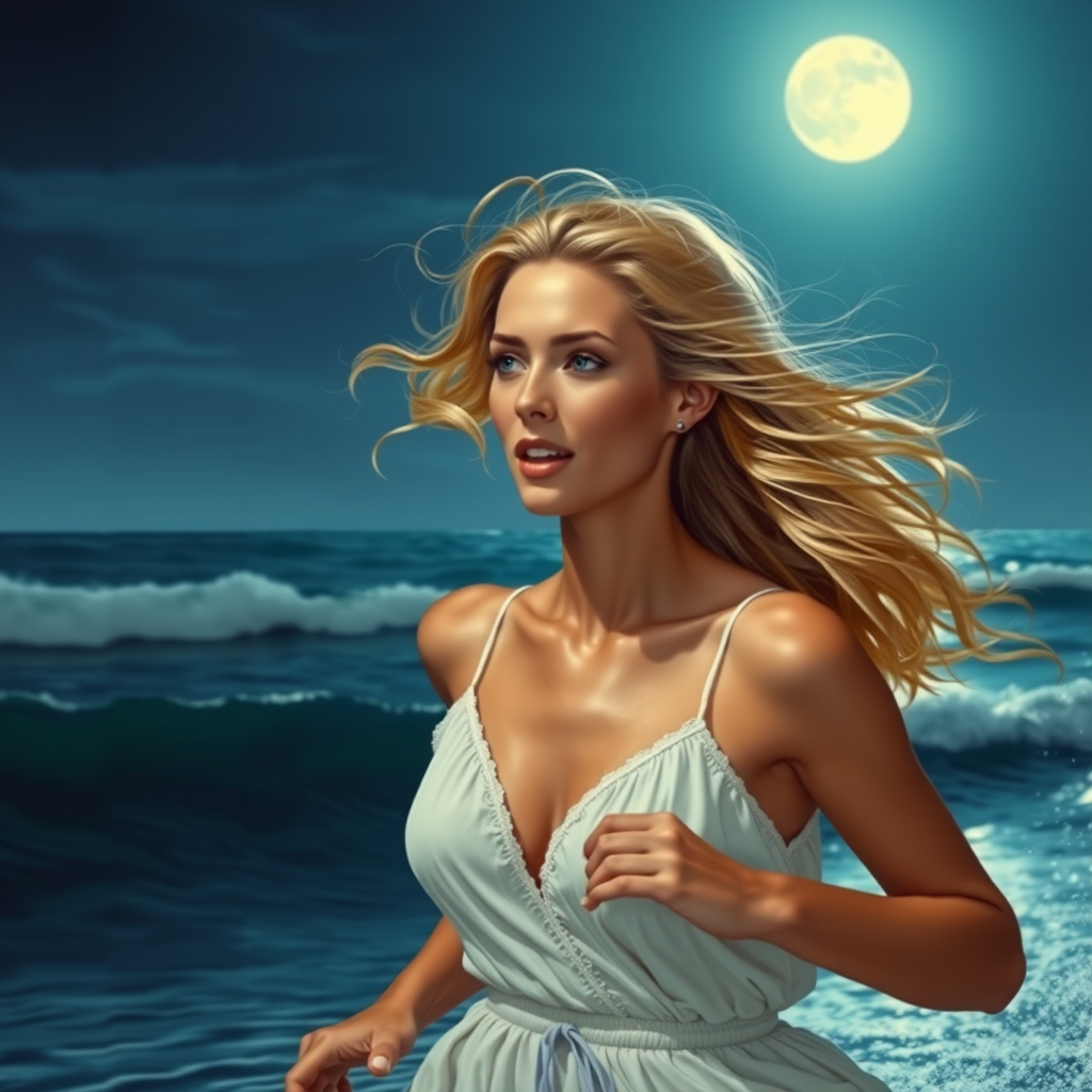 A fair-skinned blonde woman is running towards the sea under the moonlight. - Image