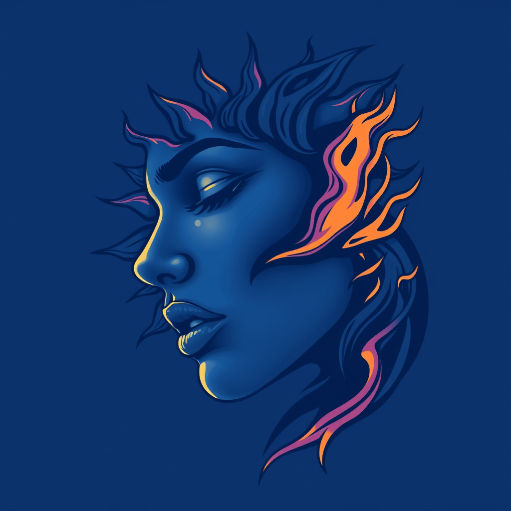 A tee shirt design featuring a close-up of a woman's face, inspired by the sun—something that conveys passion with whipping flames as accents. The overall color palette should be cool, almost melancholic, incorporating deep blue with perhaps a hint of purple. The entire design should exude a soulful quality, embodying the deep, passionate essence of the sun.