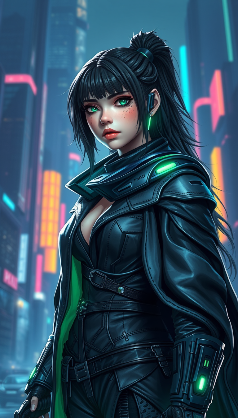 Cyber style of women warrior with rugged black hair and cybernetic implants | merging leather garments with futuristic cyberpunk elements | flowing robes and high-tech armor plating | dystopian cityscape background | in deep blue and neon green. hyper-real, 8k, AR, cute face style, no up, whole body. - Image