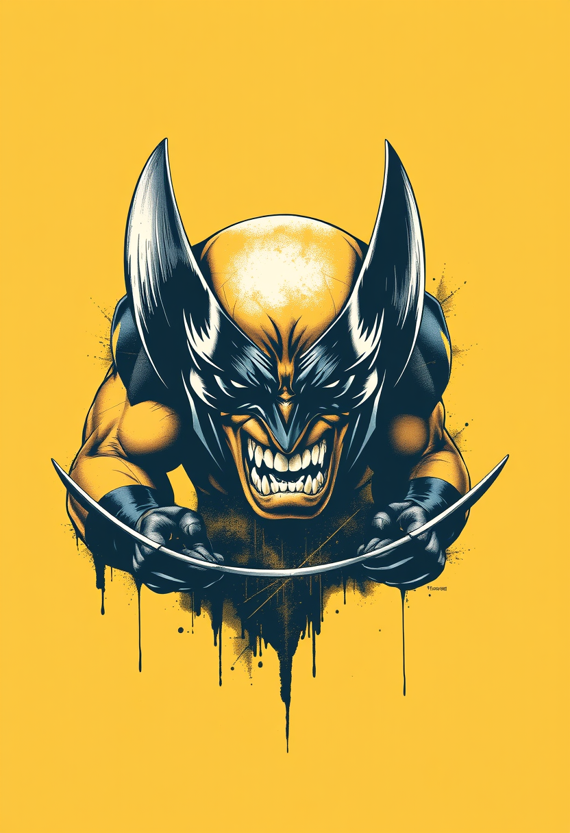 Masterpiece, wolverine, print t-shirt design, silk-screen art by Frank Miller, center PNG art.