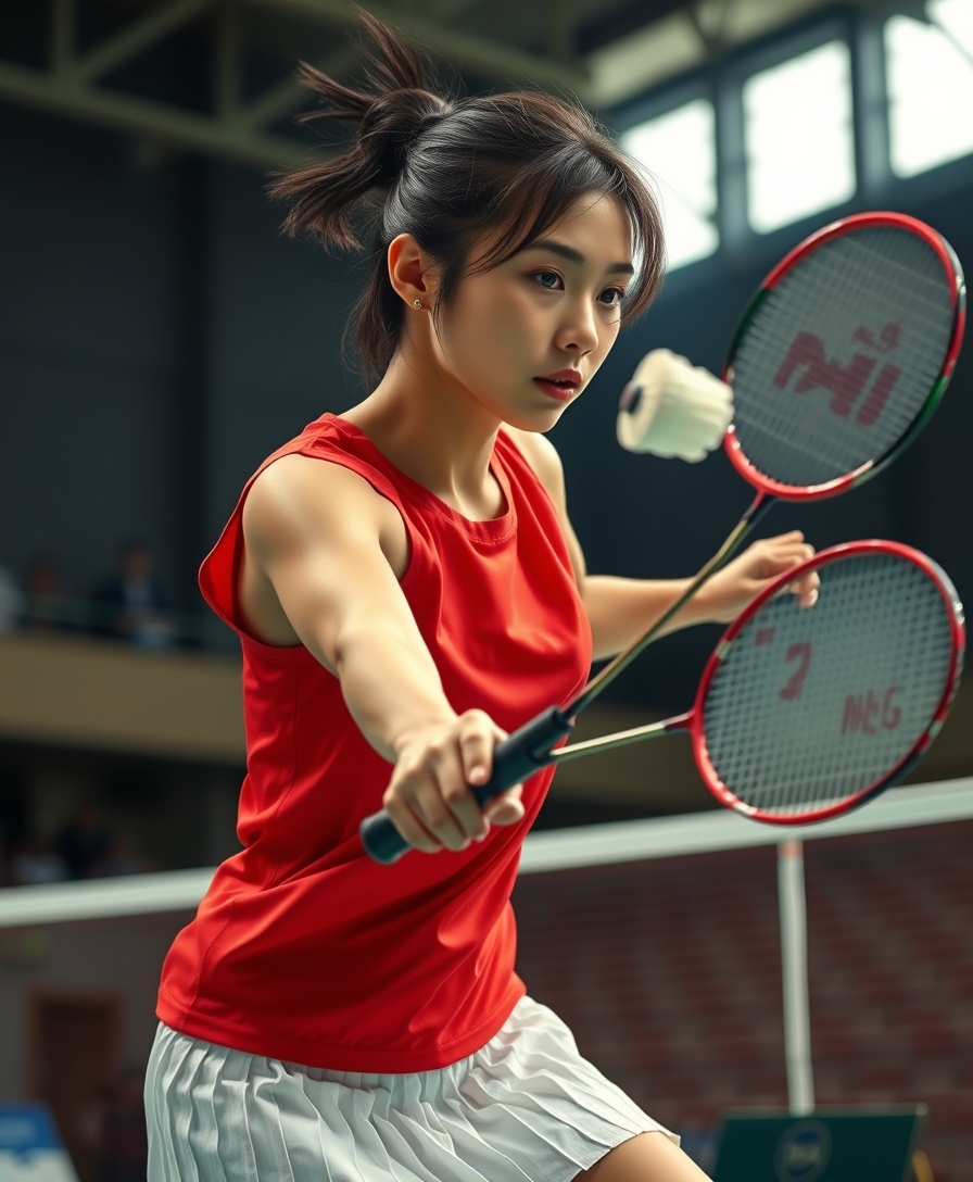 A detailed, realistic portrait of a young woman playing badminton in an indoor sports arena. The woman is wearing a bright red jersey and is mid-swing, her body in a dynamic, athletic pose as she focuses intently on the shuttlecock. The background is blurred, with glimpses of the court, net, and spectator stands visible. The lighting is natural and directional, creating shadows and highlights that accentuate the woman's features and muscular definition. The overall composition conveys a sense of energy, movement, and the intensity of the game. The image is highly detailed, with a photorealistic quality that captures the textures of the woman's clothing, skin, and the badminton equipment. A woman with a beautiful face like a Japanese idol, she is wearing a white pleated skirt. Badminton rackets and shuttlecocks with dynamic swings and motion blur. Depiction of the human body with a flawless personality.