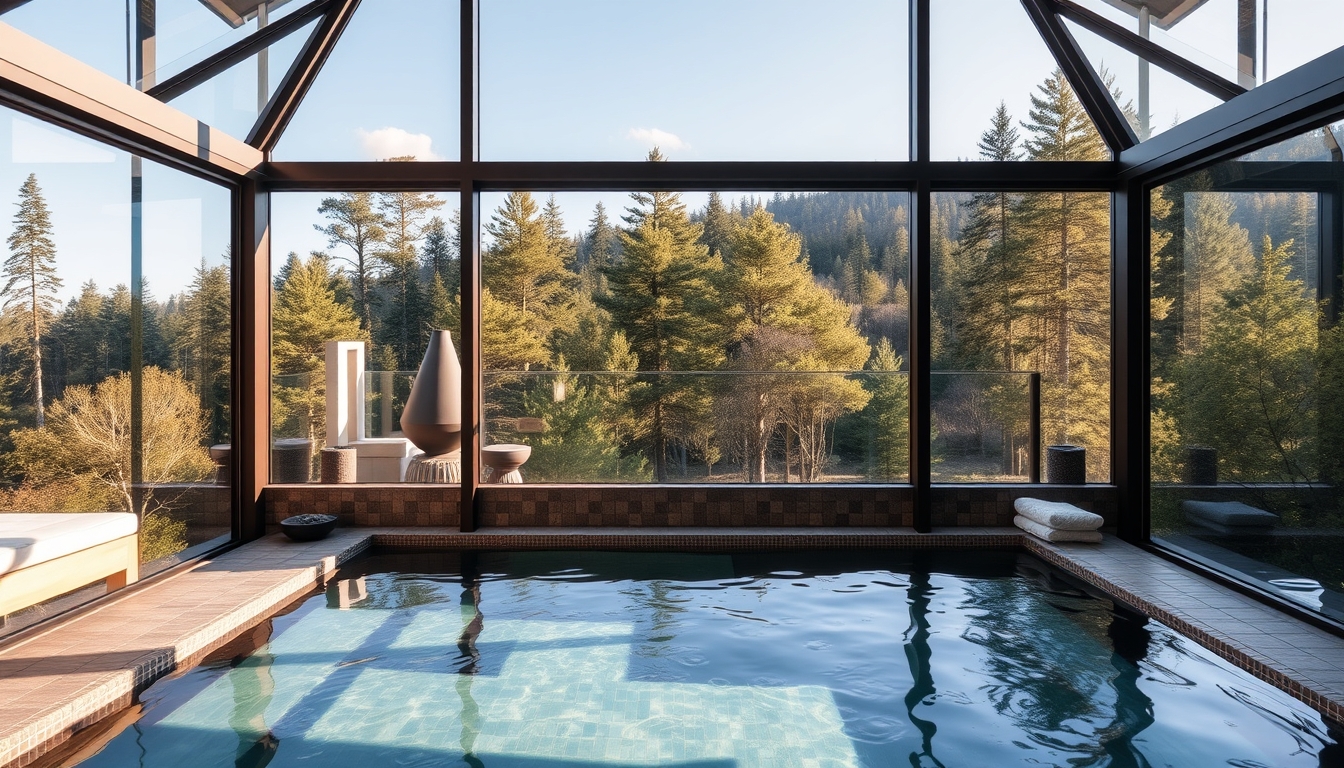 A luxurious spa with glass walls, overlooking a serene forest landscape.