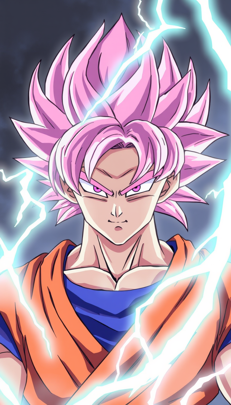 Son Goku with pink hair and pink eyes, in a lightning effect, in the Dragon Ball anime art style. - Image