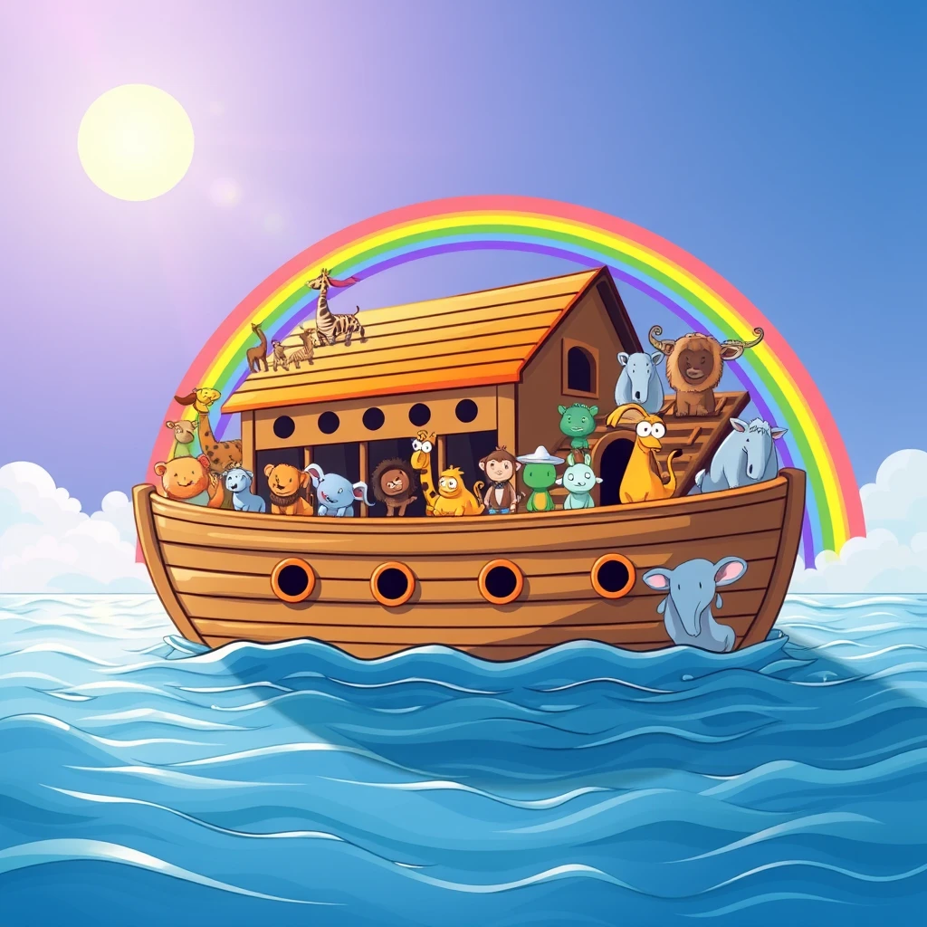 Create a colorful illustration of Noah's Ark, filled with various animals, floating on a gentle sea under a bright rainbow. - Image