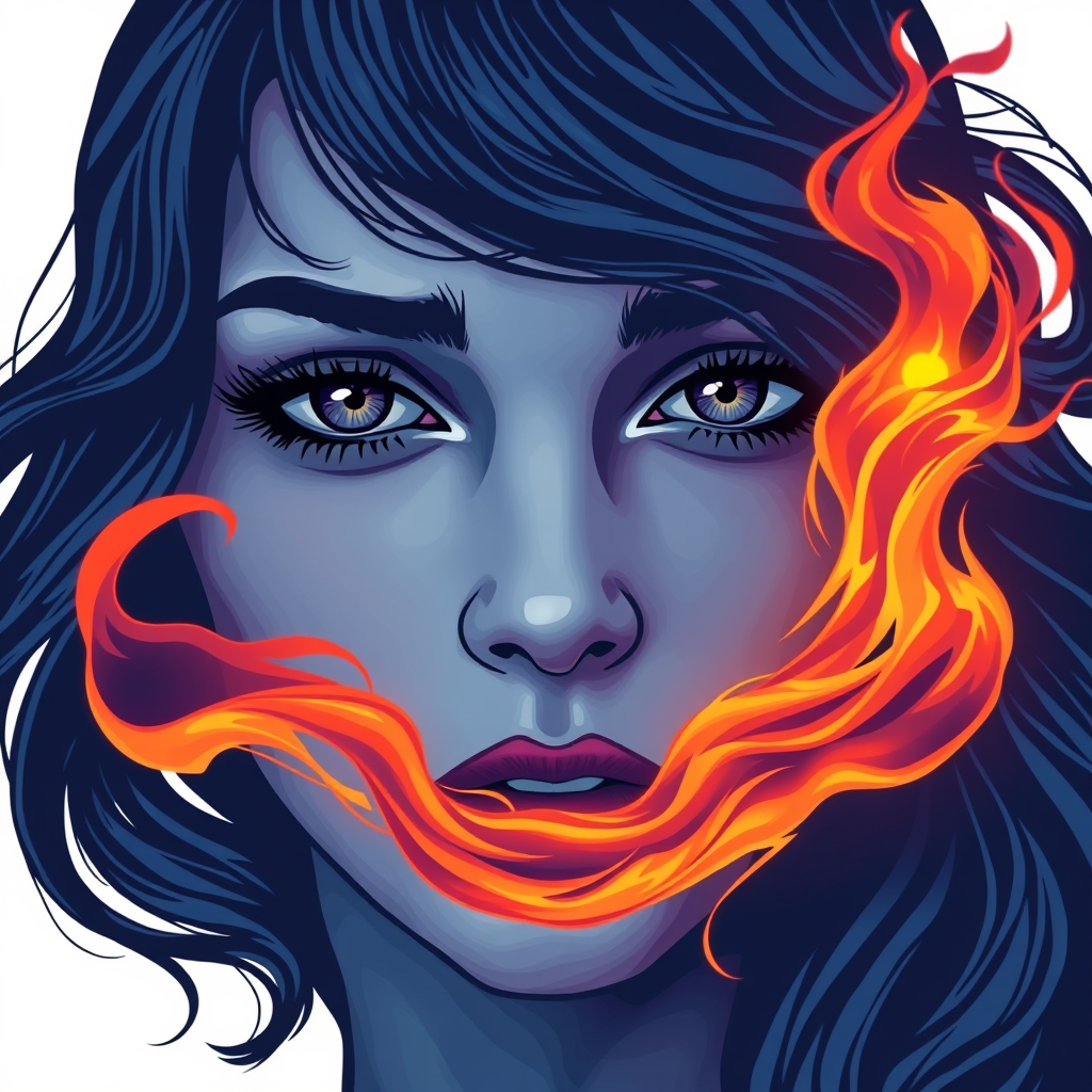 A tee shirt design of a close-up of a woman's face, inspired by the sun. Her expression is deep and soulful, reflecting both passion and sadness. Her eyes are intense and filled with emotion. The color palette is cool, featuring deep blues and purples, with a hint of warmth in her eyes. Whipping flames accent her face, blending seamlessly into the background, creating a contrast between the cool and warm tones. The overall feel is a harmonious blend of passion and melancholy, embodying the soulful essence of the sun. Transparent background. - Image