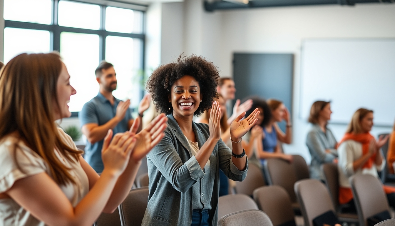 Happy people clapping and supporting each other in a workshop setting.