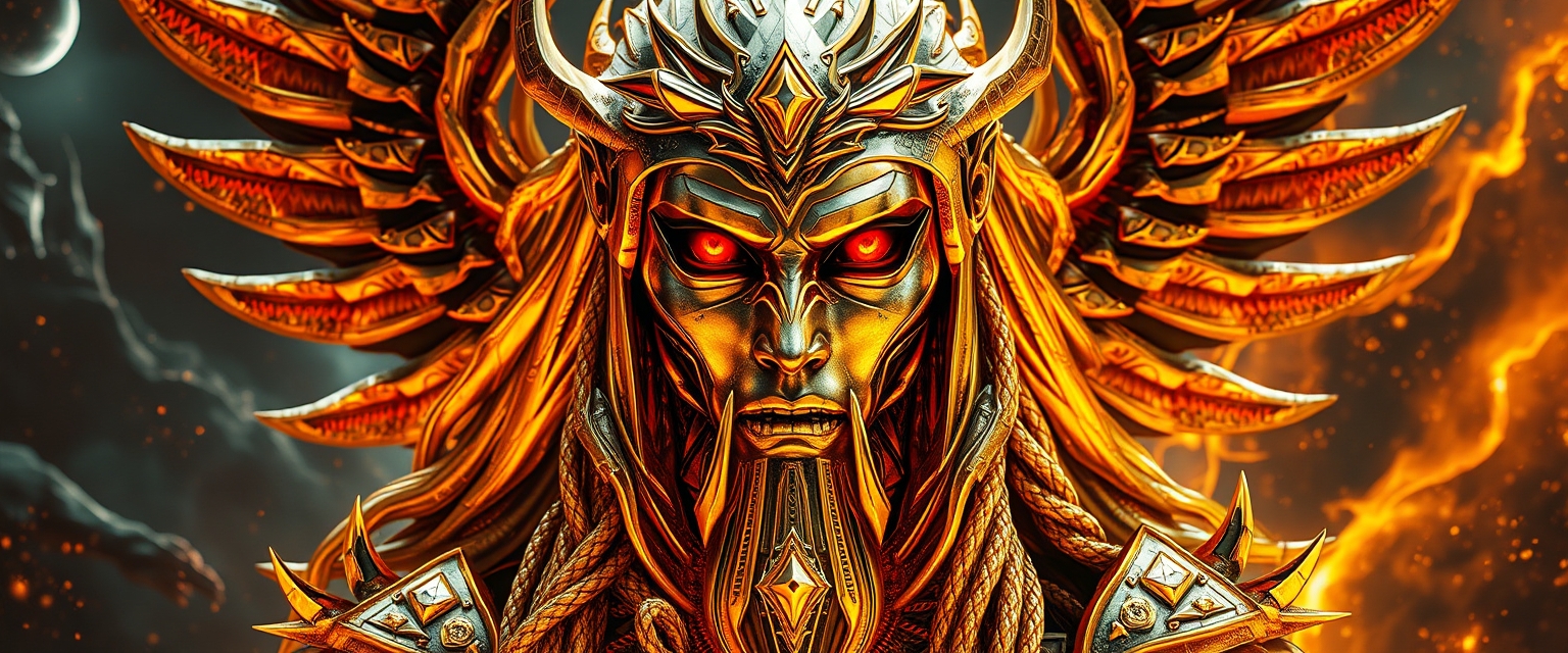 An insanely detailed Divine Seth, golden and silver in color, cyberpunk, with diamond and onyx eyes, a crimson tinge to the golden color, hyper-detailed, omnipresent, beautiful, with sinister overtones, a clash of good and evil in the background promoting golden, silver, and crimson blacks, otherworldly. - Image