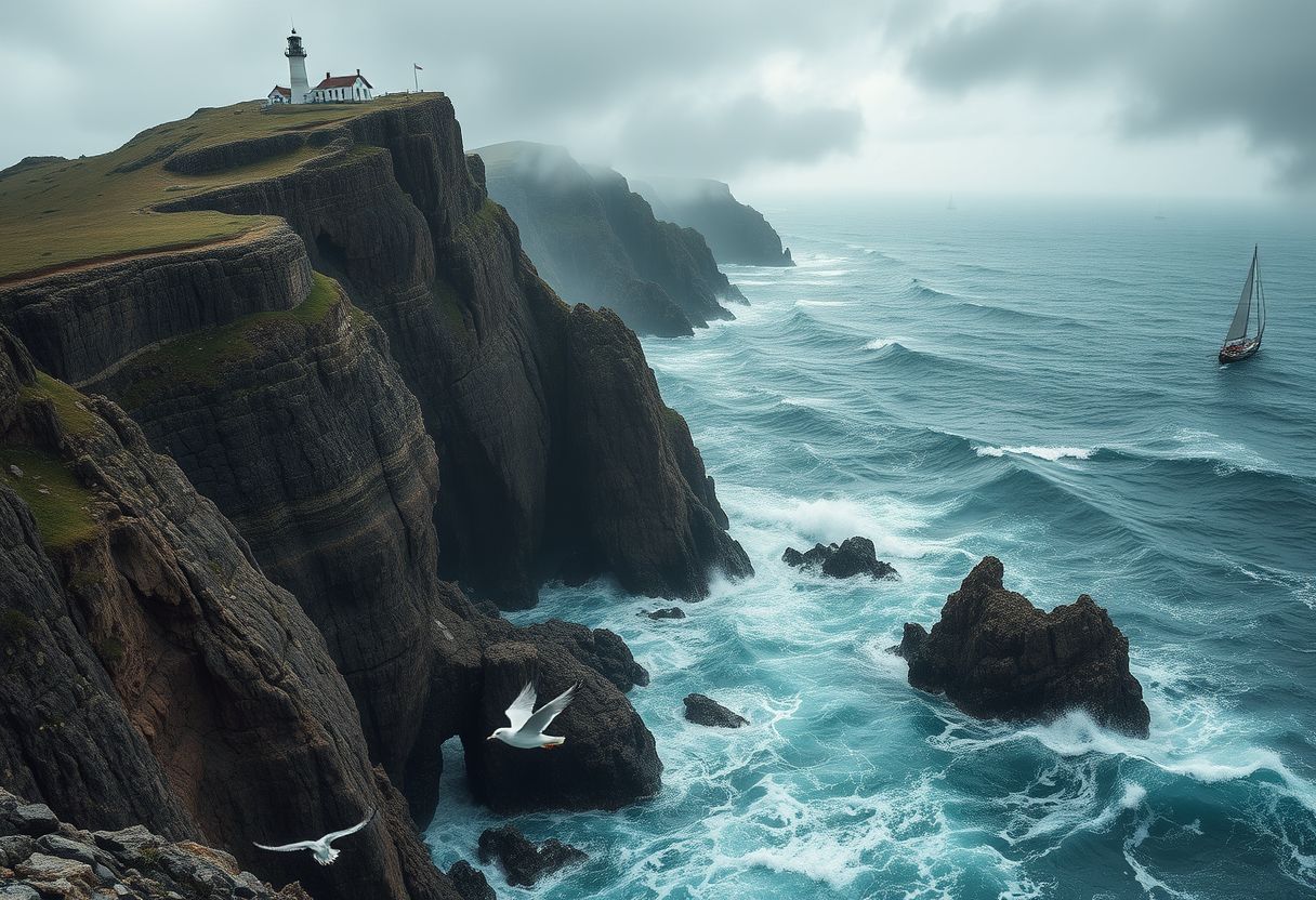 Dramatic, rocky cliffs, crashing waves, rugged, coastal, high quality, seagulls, lighthouse, stormy, wild, panoramic, breathtaking, photorealistic::1.5 sailboats, dramatic skies, mist, fog, coastal caves, hidden coves, tidal pools, mysterious - Image