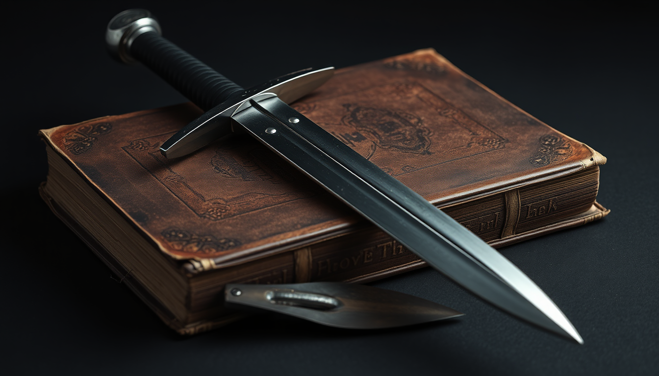 A weathered, leather-bound antique book lies on a dark surface. Resting diagonally across the spine of the book is a medieval-style sword, with a polished steel crossguard and a circular pommel, reflecting a faint light. In front of the sword is a masonry trowel. The sword's black grip contrasts with the aged texture of the book. The background is dark, emphasizing the timeless and mysterious aura of the scene. - Image