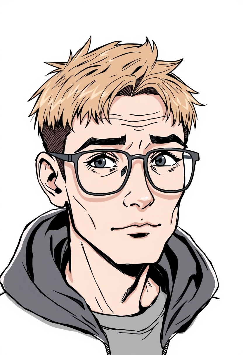 Manga-style drawing, man with short hair, head so big that his glasses don't fit. - Image