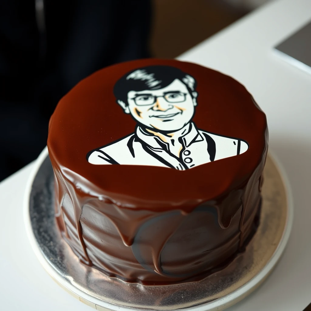 "A chocolate cake with a drawing of Jackie Chan on top." - Image