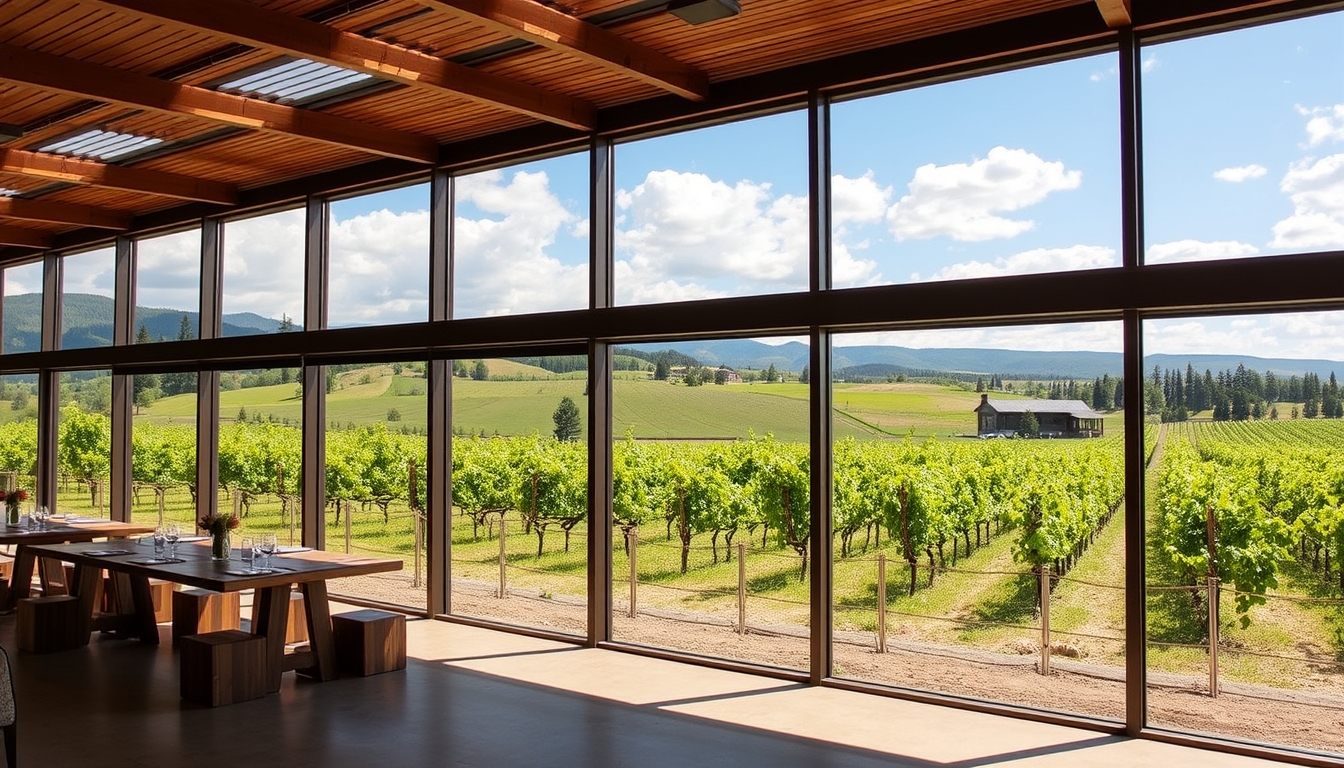 A picturesque vineyard with a glass-walled tasting room overlooking the grapevines.