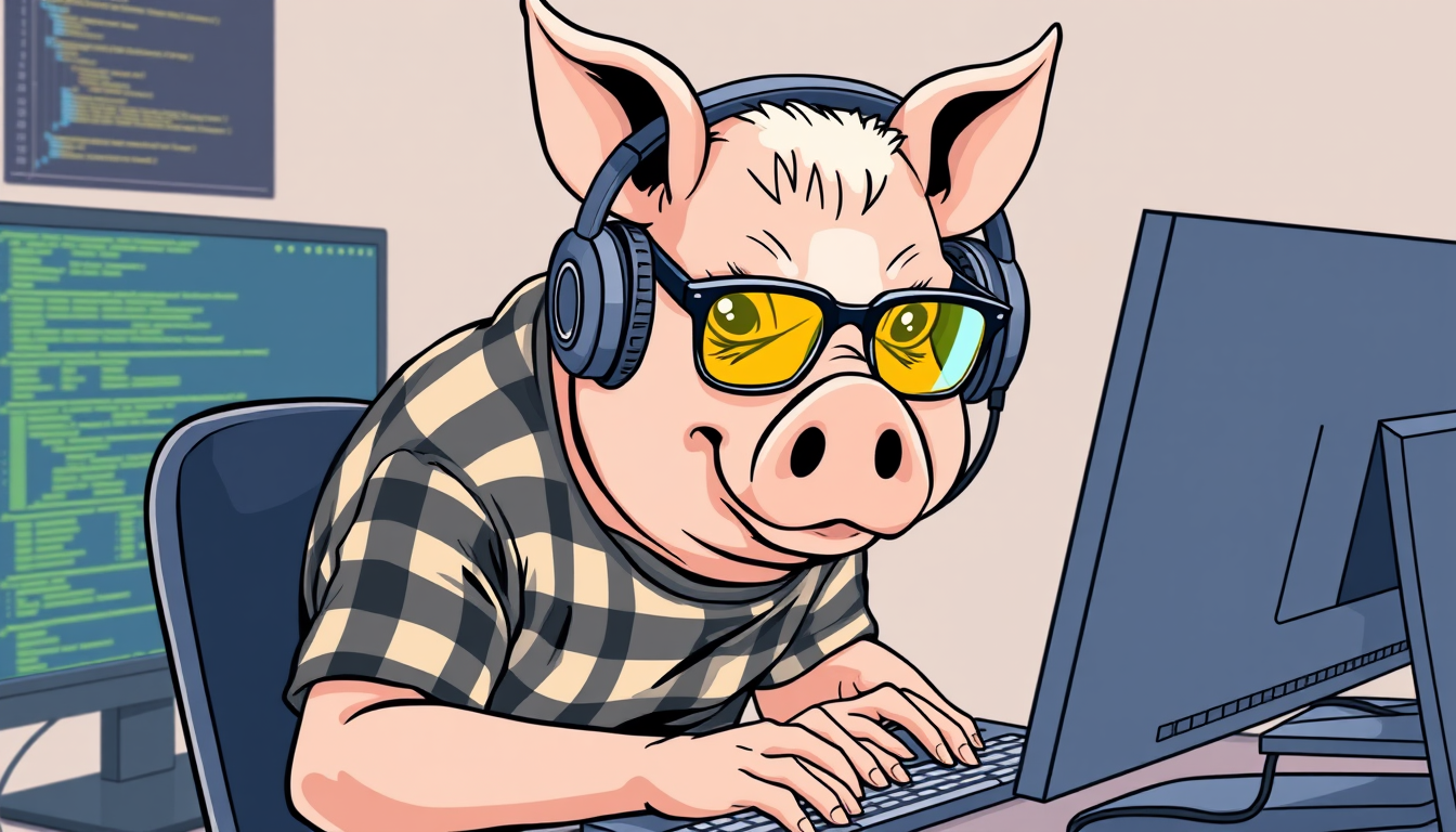 A tech-savvy pig coder, wearing yellow-tinted glasses and sleek noise-cancelling headphones, hunches over a cutting-edge multi-monitor setup. The anthropomorphic pig exudes focus, typing furiously while dressed in a plaid t-shirt. - Image