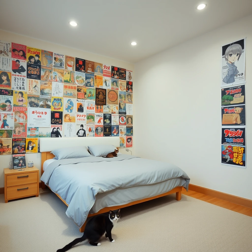 In a very large room, there is a big bed, and one wall of the room is covered with many posters of Japanese manga, while the other walls are bare. There are two cats in the room. - Image