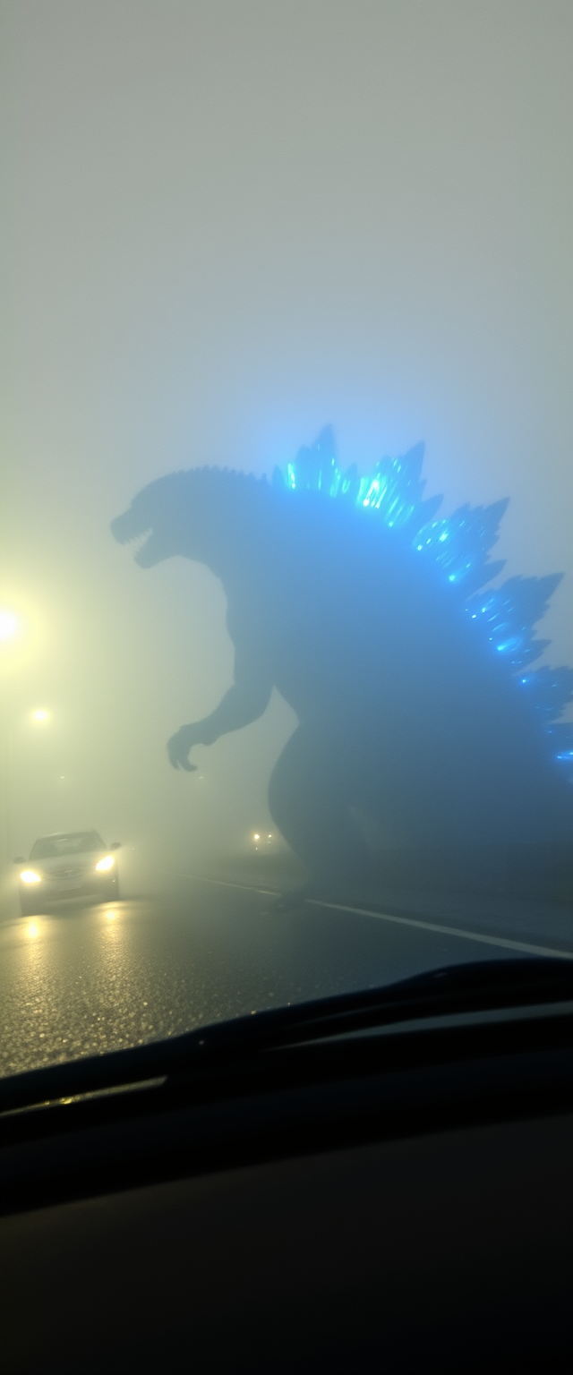 Photorealistic, lifelike, grainy, poor lighting, bad focus, shaking, rainy and foggy night, dense fog, distant view of a gigantic 100m high Godzilla charging its blue attack, amateur photo taken from behind the wheel, dirty and scratched windshield, amateur photo taken with a smartphone, very distant view, poor quality, barely visible, captured accidentally by smartphone camera out of focus, motion blur, low quality.