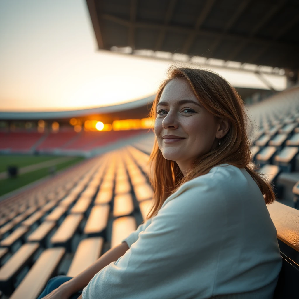 A close-up of a woman sitting on a bench in a stadium at sunset, peaceful expression on her face.