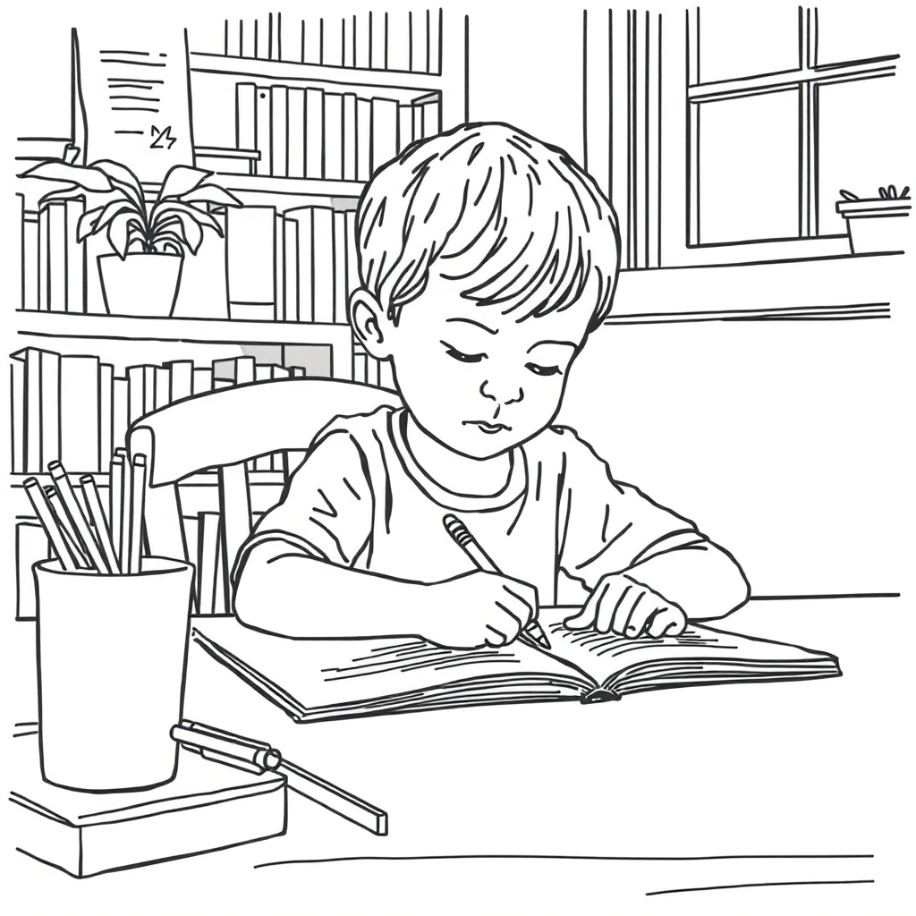 "A line drawing of a child doing summer homework in the study." - Image