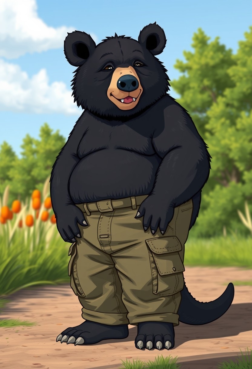 Thick anthropomorphic black bear kangaroo hybrid wearing cargo pants in the summer. Extremely overweight, semi-cartoon.