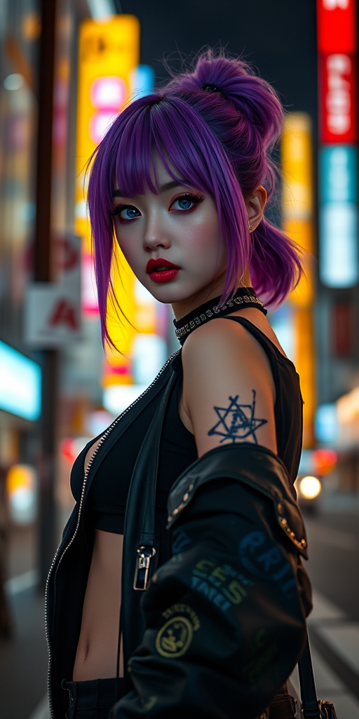 full body photograph of a beautiful cyberpunk girl with purple hair and purple eyes, cinematic still, photography, photo-realistic, bokeh, Downtown Tokyo at night, night lights, 85mm, f 2.8