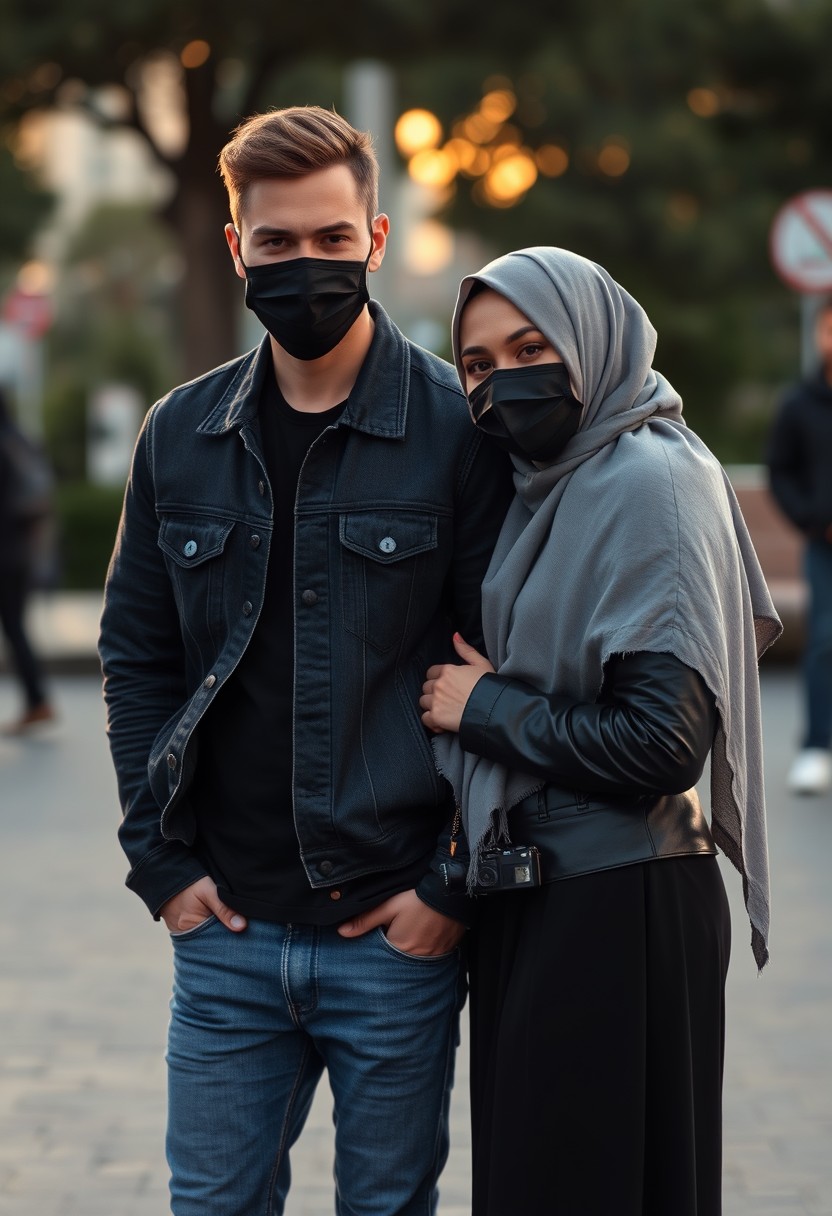 Jamie Dornan's head and body shot, handsome, face mask black, jeans jacket, jeans, dating, love couple, with the biggest grey hijab Muslim girl, face mask black, beautiful eyes, black leather jacket, biggest skirt, taking picture, camera DSLR Canon, sunset, hyper realistic, street photography.