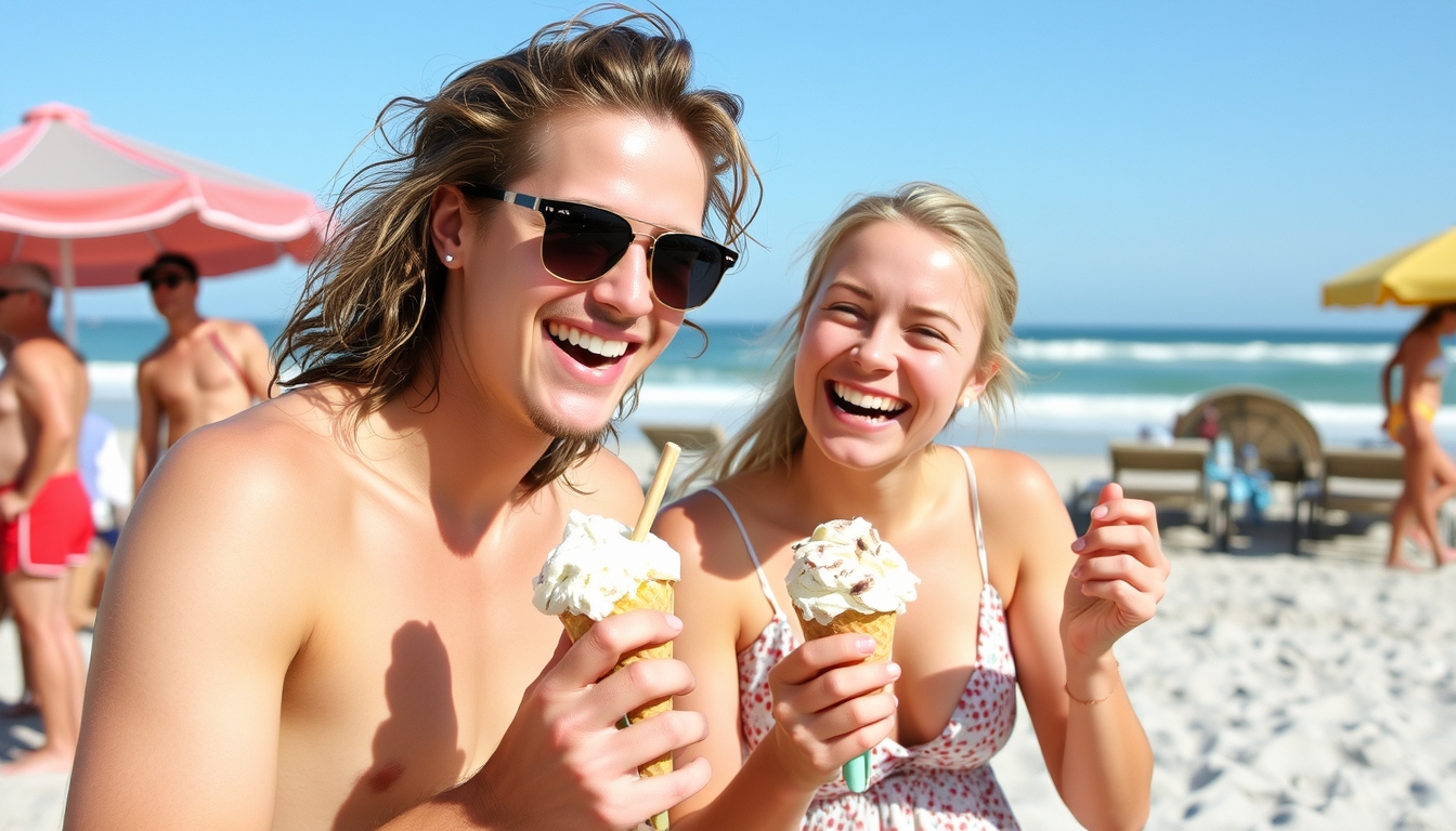 Beachside delight with a young couple and their ice cream.