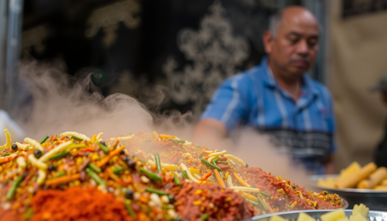 A close-up of a street vendor preparing a colorful and aromatic dish, with steam rising and vibrant spices on display.