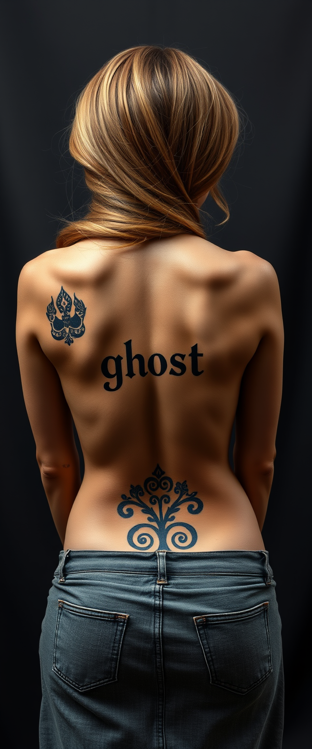 Tattooed back of muscular, super beautiful Middle Eastern women with the word "ghost" written. - Image