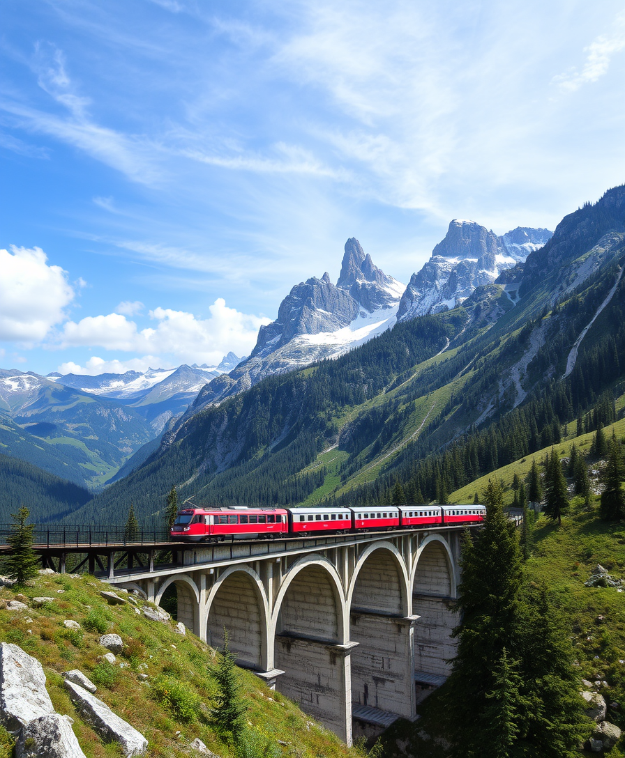 a stunningly beautiful mountain landscape with a bridge over which a train is moving