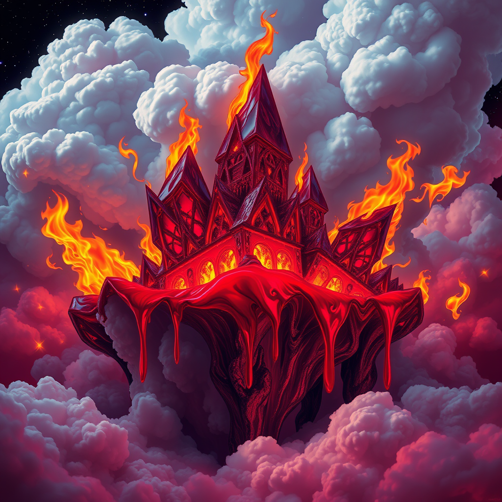 A tee shirt design of a beautiful ruby red kingdom in the clouds on fire with beautiful liquid red ruby dripping with flames. The ruby has subtle colorful embers burning in the ruby. Inside of the ruby should be reminiscent of beautiful galaxies perfectly blended with chaos. Striking and otherworldly on a transparent background, the flames should have an outline of a beautiful blue ethereal glow.