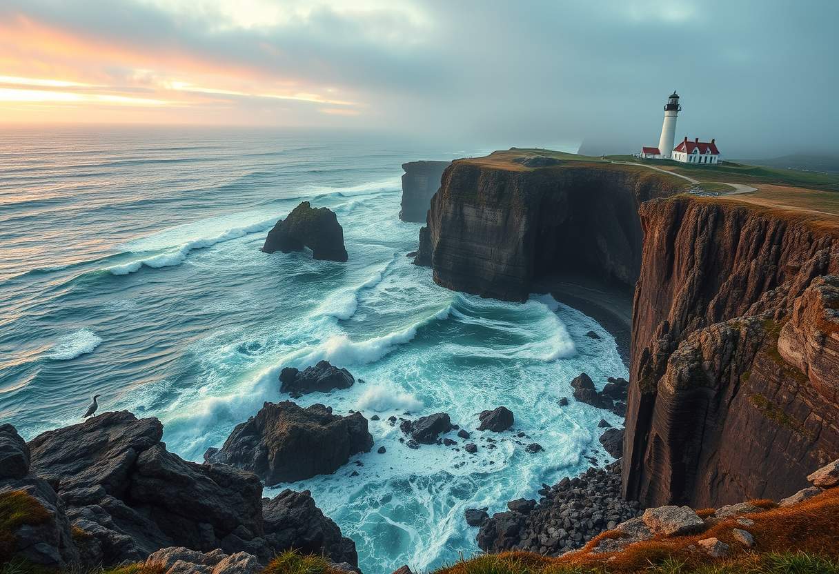 Awe-inspiring, rugged coastline, rocky cliffs, crashing waves, high quality, photorealistic, dramatic, wild, seagulls, stormy, panoramic, breathtaking::1.2 tide pools, sea stacks, hidden caves, coastal hiking trails, lighthouse, mist, vibrant sunset.