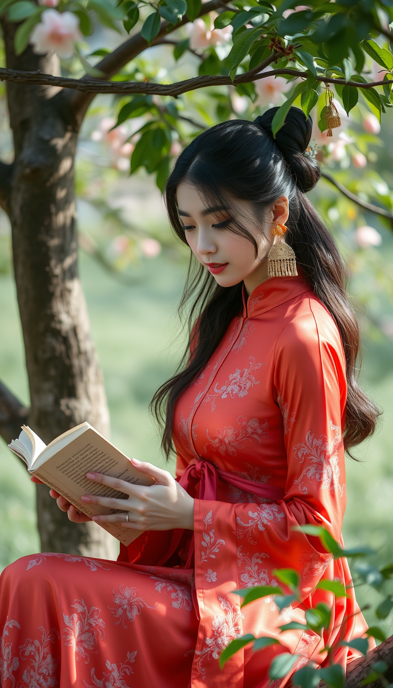 "A Chinese beauty is reading a book under a tree." - Image