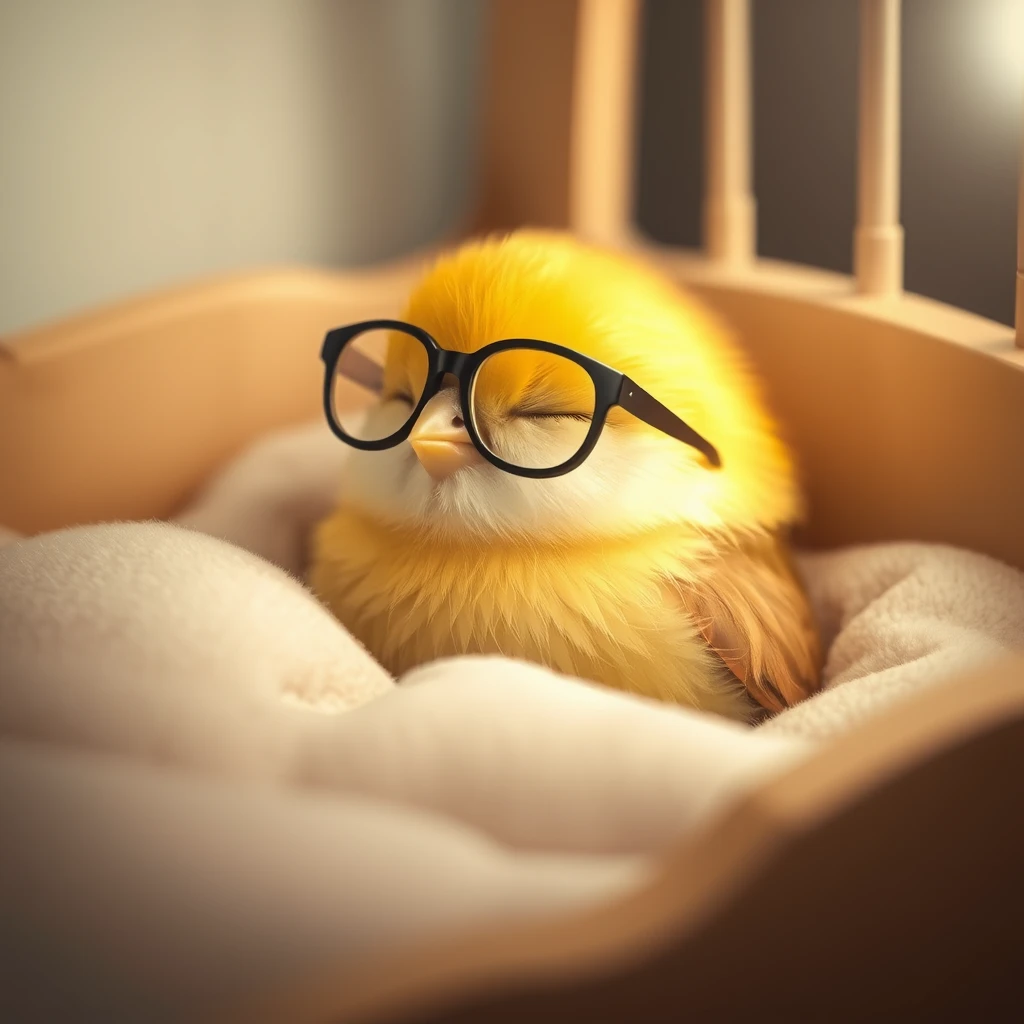 Sweet little bird with glasses sleeping in its little bed. - Image