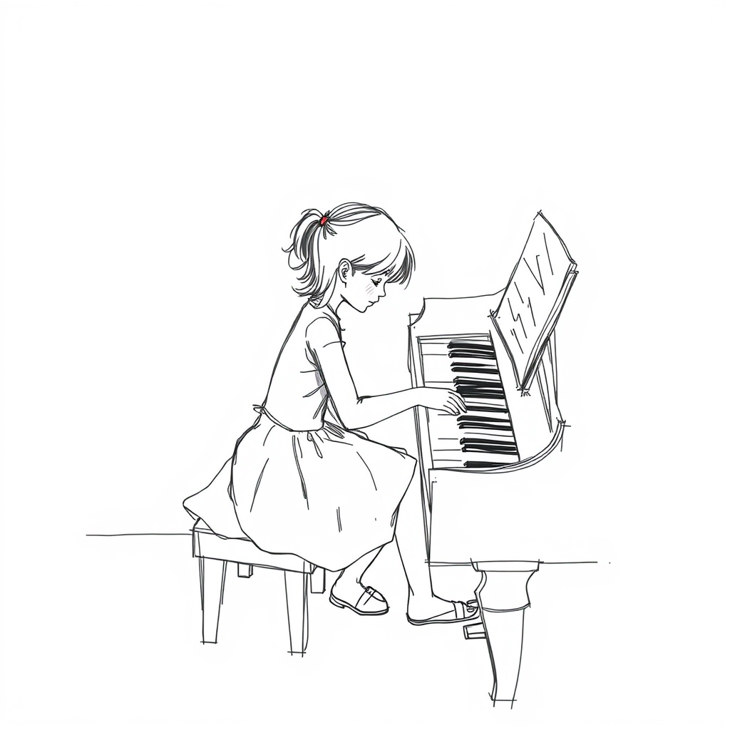 Generate a sketch of a girl playing the piano seen from above. - Image