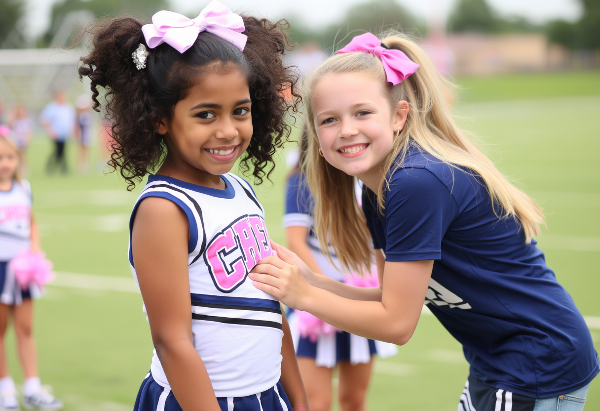 A girl at cheer camp playfully helps her best friend put on her cheer uniform. - Image